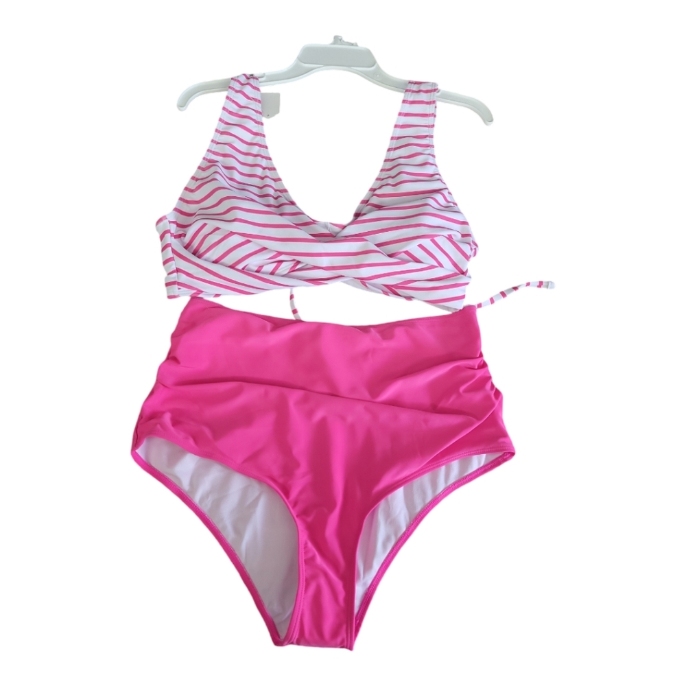 Punk & White Stripe Top/ Pink bottom 2 piece high waisted swimsuit - size 1X